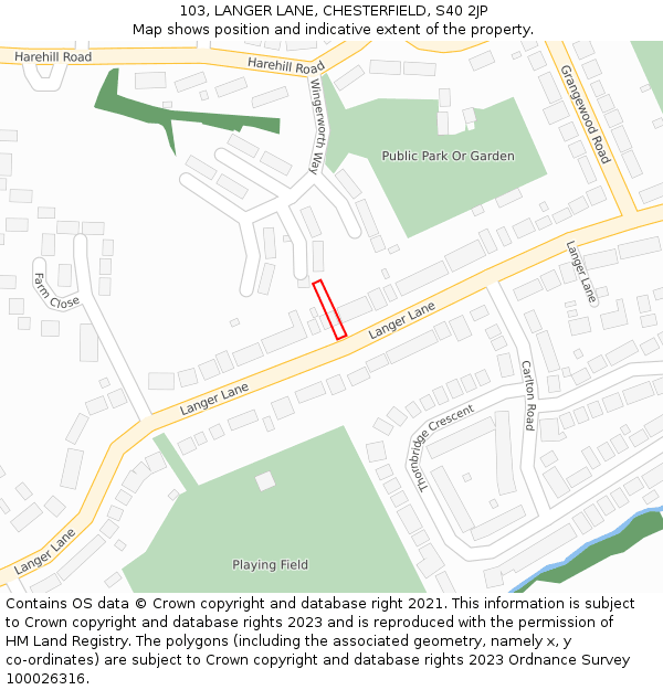 103, LANGER LANE, CHESTERFIELD, S40 2JP: Location map and indicative extent of plot