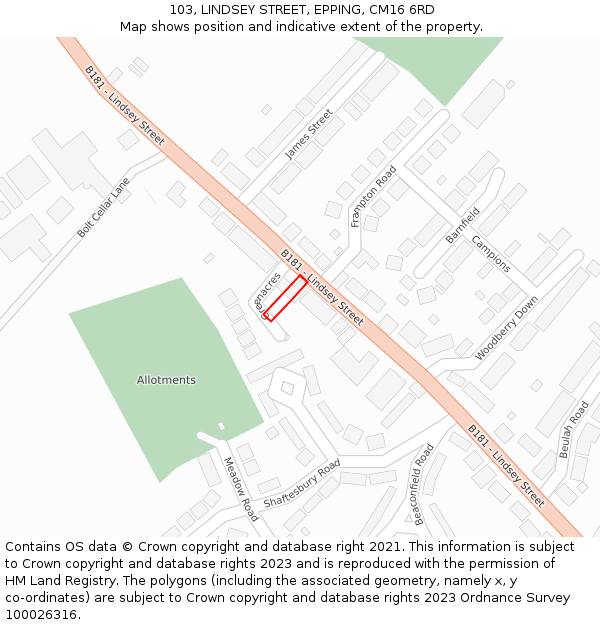 103, LINDSEY STREET, EPPING, CM16 6RD: Location map and indicative extent of plot