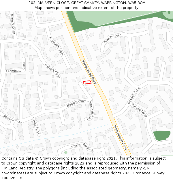 103, MALVERN CLOSE, GREAT SANKEY, WARRINGTON, WA5 3QA: Location map and indicative extent of plot