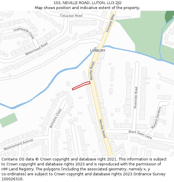103, NEVILLE ROAD, LUTON, LU3 2JG: Location map and indicative extent of plot