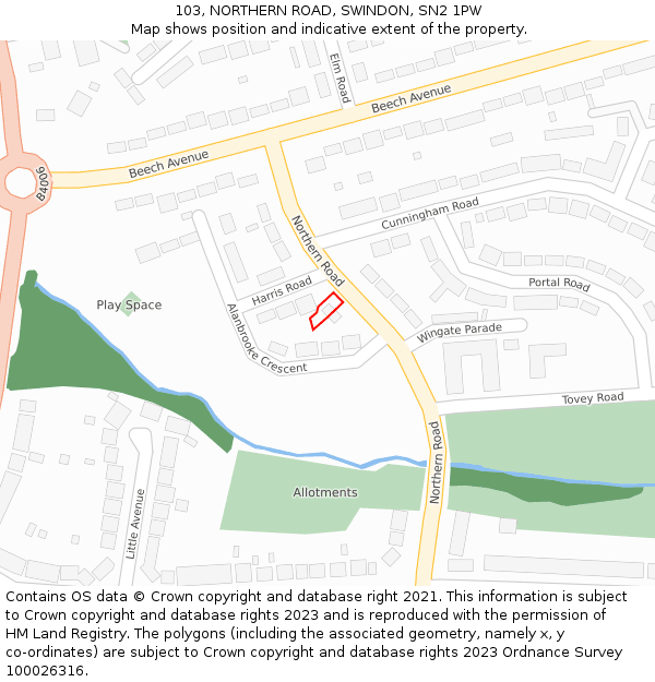 103, NORTHERN ROAD, SWINDON, SN2 1PW: Location map and indicative extent of plot