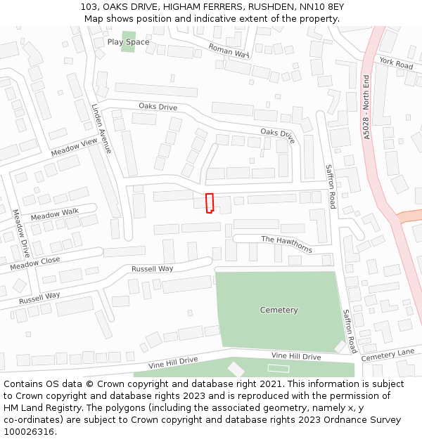 103, OAKS DRIVE, HIGHAM FERRERS, RUSHDEN, NN10 8EY: Location map and indicative extent of plot