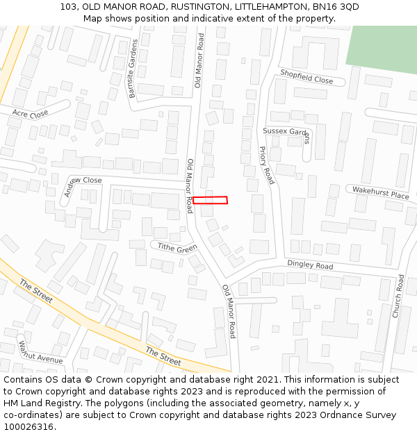 103, OLD MANOR ROAD, RUSTINGTON, LITTLEHAMPTON, BN16 3QD: Location map and indicative extent of plot