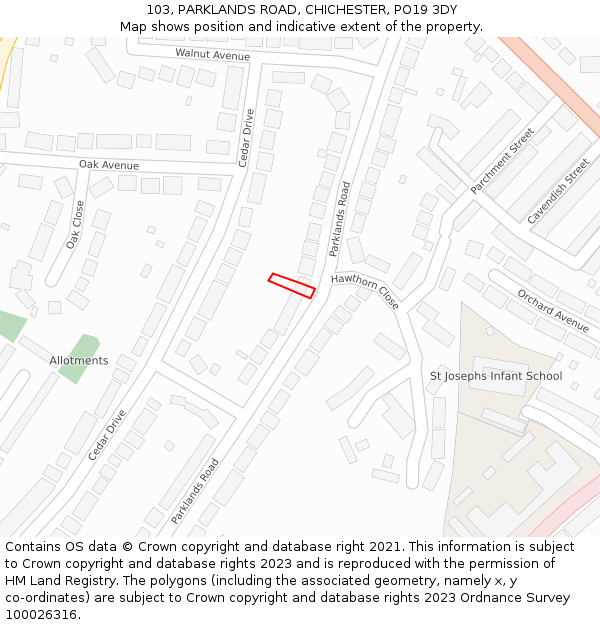 103, PARKLANDS ROAD, CHICHESTER, PO19 3DY: Location map and indicative extent of plot