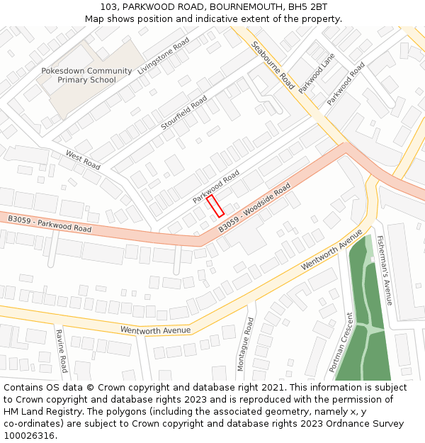 103, PARKWOOD ROAD, BOURNEMOUTH, BH5 2BT: Location map and indicative extent of plot