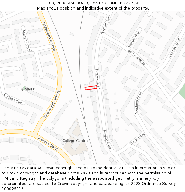 103, PERCIVAL ROAD, EASTBOURNE, BN22 9JW: Location map and indicative extent of plot