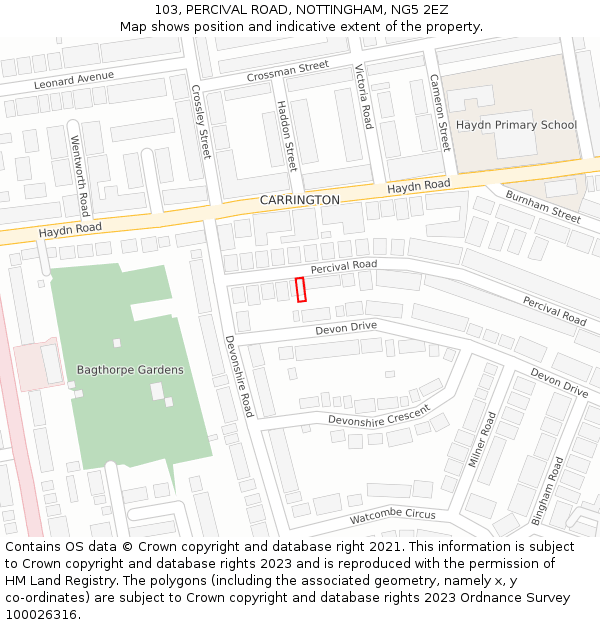 103, PERCIVAL ROAD, NOTTINGHAM, NG5 2EZ: Location map and indicative extent of plot