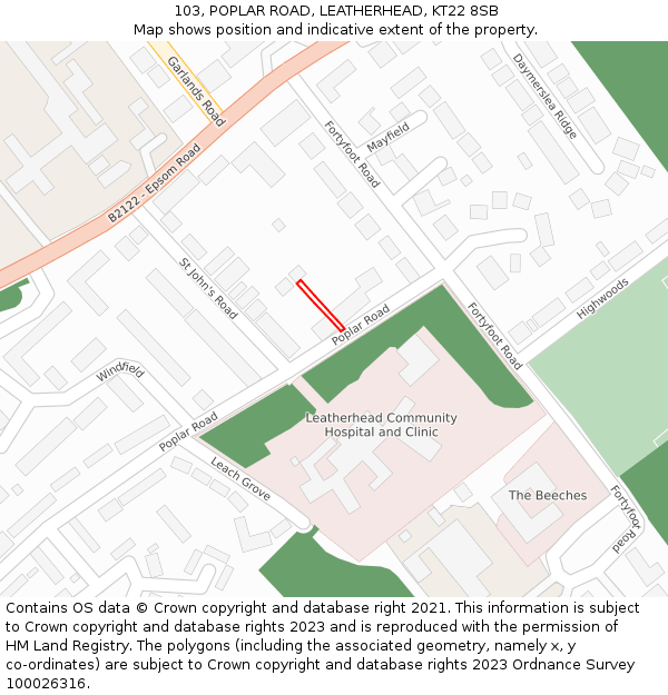 103, POPLAR ROAD, LEATHERHEAD, KT22 8SB: Location map and indicative extent of plot