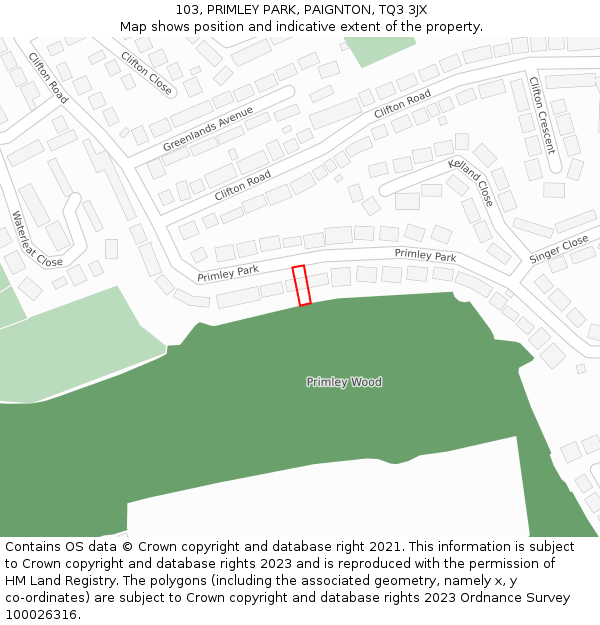 103, PRIMLEY PARK, PAIGNTON, TQ3 3JX: Location map and indicative extent of plot