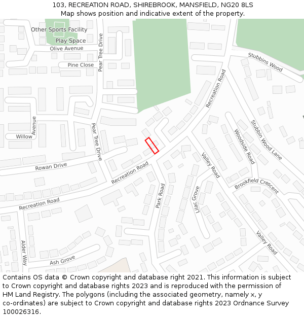 103, RECREATION ROAD, SHIREBROOK, MANSFIELD, NG20 8LS: Location map and indicative extent of plot