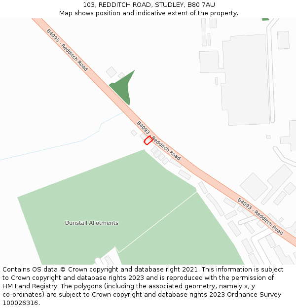 103, REDDITCH ROAD, STUDLEY, B80 7AU: Location map and indicative extent of plot