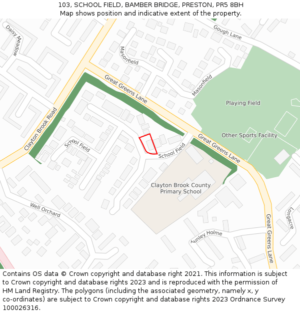 103, SCHOOL FIELD, BAMBER BRIDGE, PRESTON, PR5 8BH: Location map and indicative extent of plot