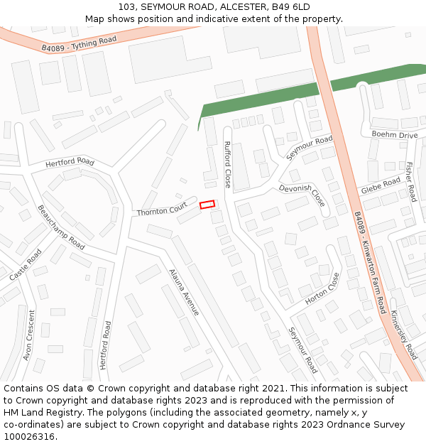 103, SEYMOUR ROAD, ALCESTER, B49 6LD: Location map and indicative extent of plot