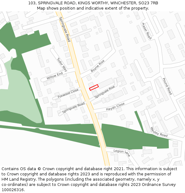 103, SPRINGVALE ROAD, KINGS WORTHY, WINCHESTER, SO23 7RB: Location map and indicative extent of plot