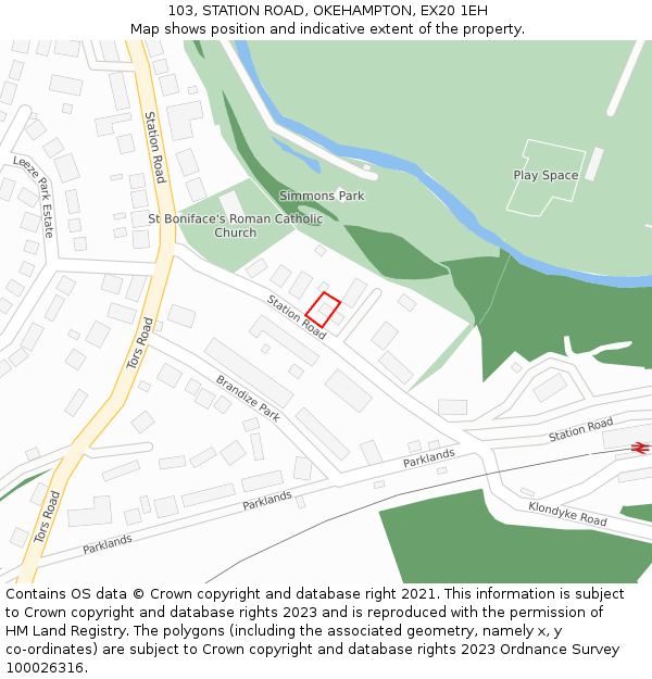 103, STATION ROAD, OKEHAMPTON, EX20 1EH: Location map and indicative extent of plot