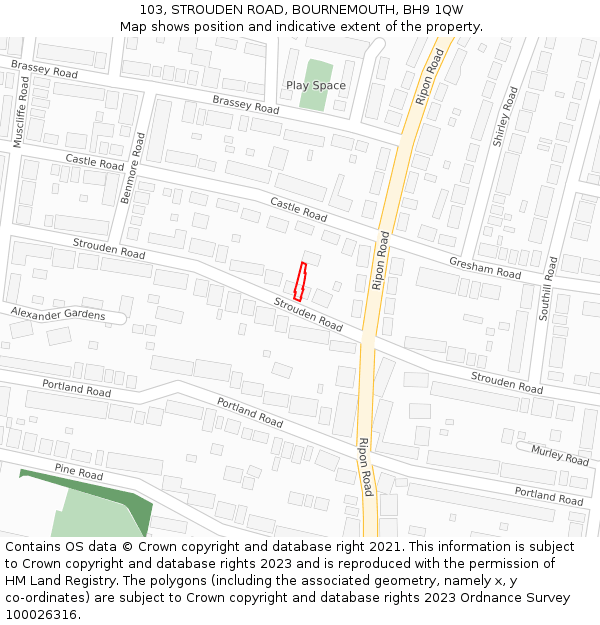 103, STROUDEN ROAD, BOURNEMOUTH, BH9 1QW: Location map and indicative extent of plot