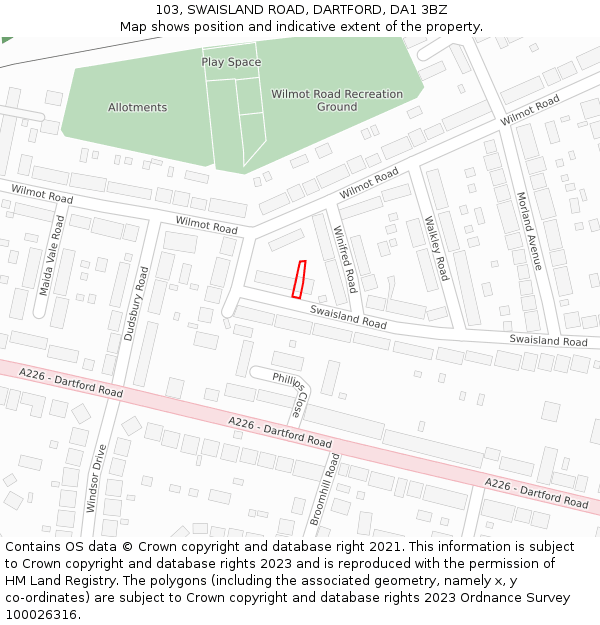 103, SWAISLAND ROAD, DARTFORD, DA1 3BZ: Location map and indicative extent of plot