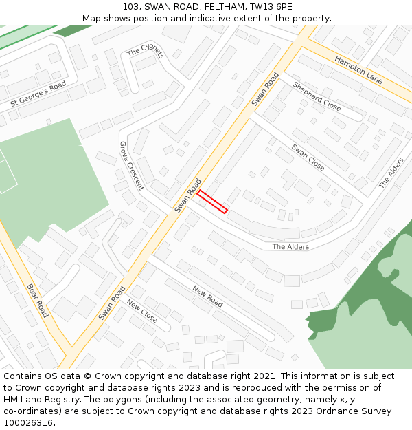 103, SWAN ROAD, FELTHAM, TW13 6PE: Location map and indicative extent of plot