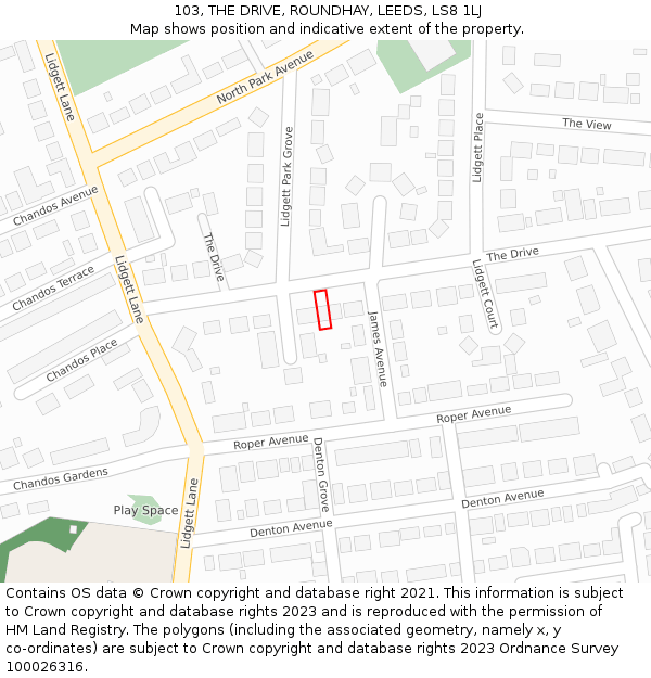 103, THE DRIVE, ROUNDHAY, LEEDS, LS8 1LJ: Location map and indicative extent of plot