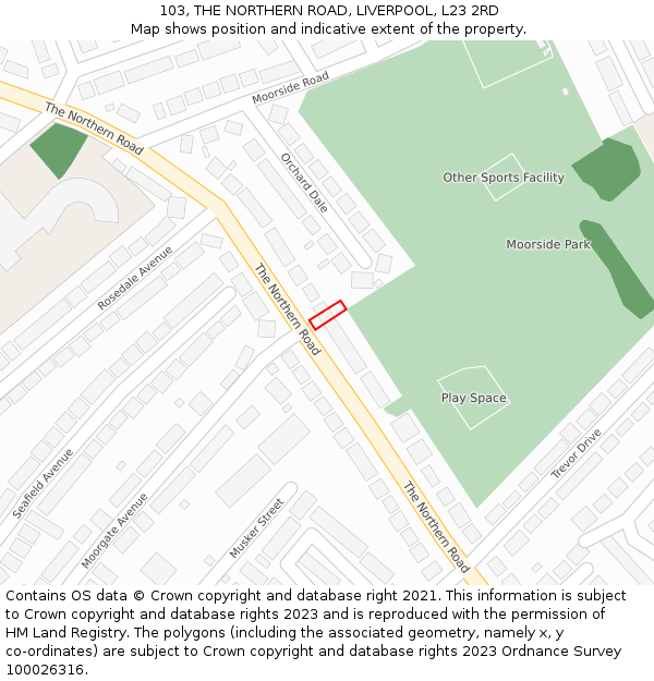 103, THE NORTHERN ROAD, LIVERPOOL, L23 2RD: Location map and indicative extent of plot