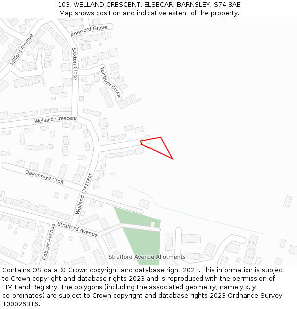 103, WELLAND CRESCENT, ELSECAR, BARNSLEY, S74 8AE: Location map and indicative extent of plot