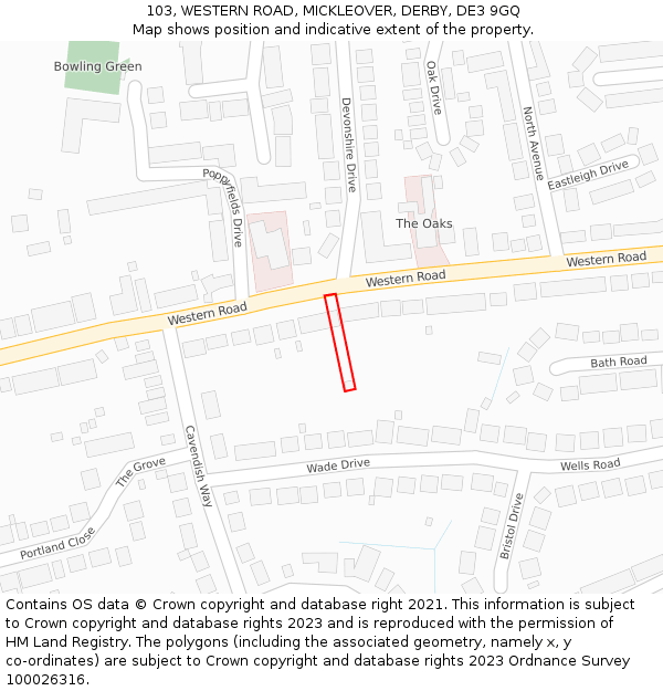 103, WESTERN ROAD, MICKLEOVER, DERBY, DE3 9GQ: Location map and indicative extent of plot