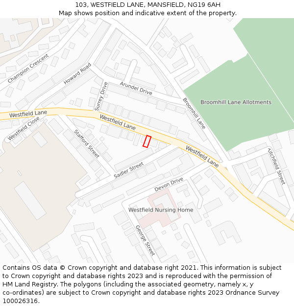 103, WESTFIELD LANE, MANSFIELD, NG19 6AH: Location map and indicative extent of plot