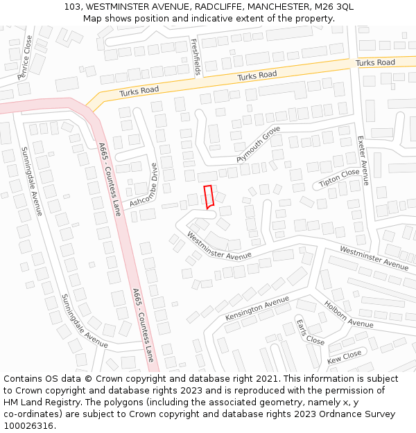 103, WESTMINSTER AVENUE, RADCLIFFE, MANCHESTER, M26 3QL: Location map and indicative extent of plot