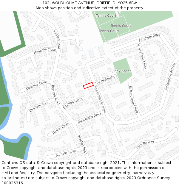 103, WOLDHOLME AVENUE, DRIFFIELD, YO25 6RW: Location map and indicative extent of plot