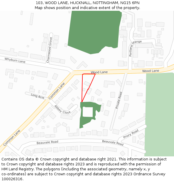 103, WOOD LANE, HUCKNALL, NOTTINGHAM, NG15 6PN: Location map and indicative extent of plot