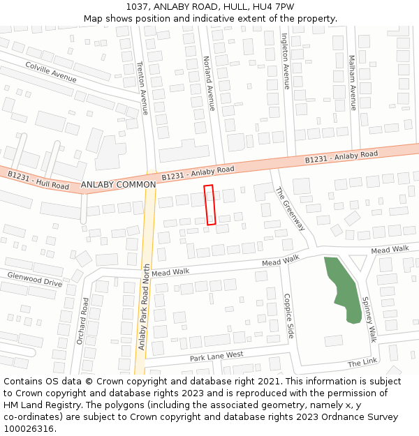 1037, ANLABY ROAD, HULL, HU4 7PW: Location map and indicative extent of plot