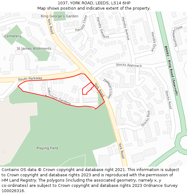1037, YORK ROAD, LEEDS, LS14 6HP: Location map and indicative extent of plot