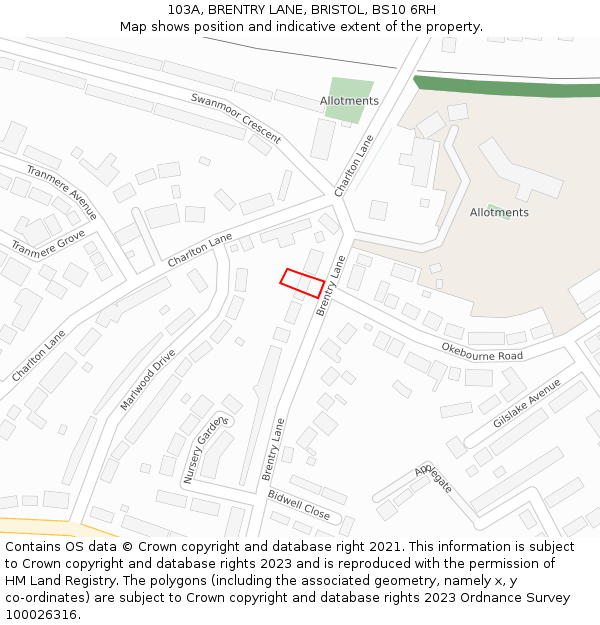 103A, BRENTRY LANE, BRISTOL, BS10 6RH: Location map and indicative extent of plot