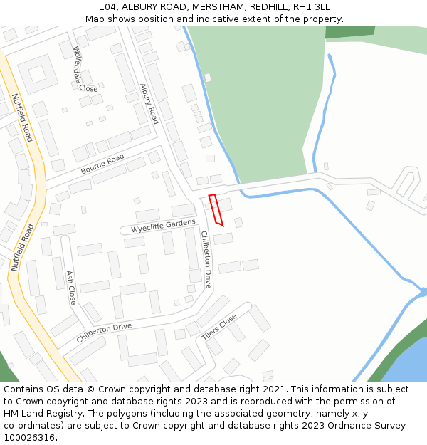 104, ALBURY ROAD, MERSTHAM, REDHILL, RH1 3LL: Location map and indicative extent of plot