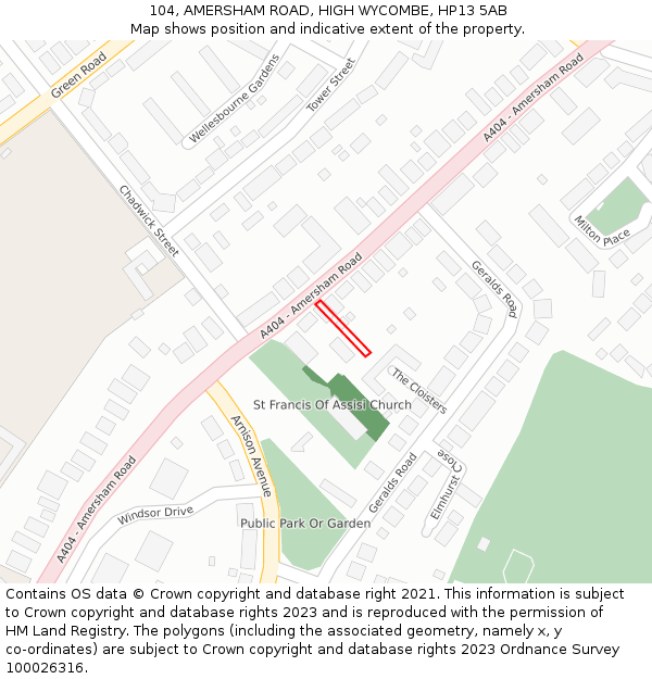 104, AMERSHAM ROAD, HIGH WYCOMBE, HP13 5AB: Location map and indicative extent of plot
