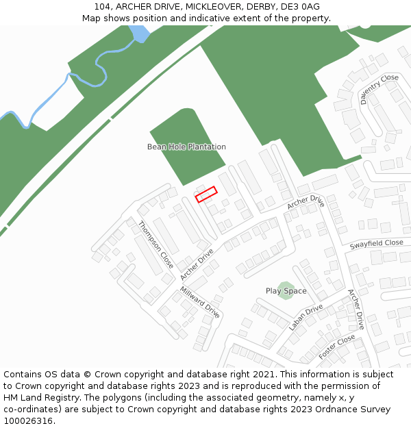 104, ARCHER DRIVE, MICKLEOVER, DERBY, DE3 0AG: Location map and indicative extent of plot