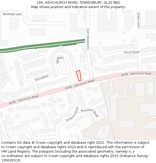 104, ASHCHURCH ROAD, TEWKESBURY, GL20 8BZ: Location map and indicative extent of plot