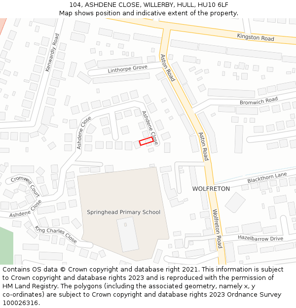104, ASHDENE CLOSE, WILLERBY, HULL, HU10 6LF: Location map and indicative extent of plot