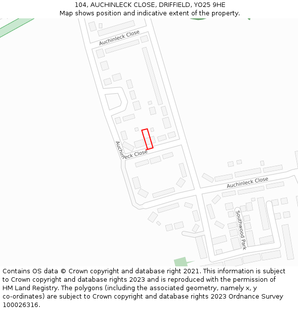104, AUCHINLECK CLOSE, DRIFFIELD, YO25 9HE: Location map and indicative extent of plot