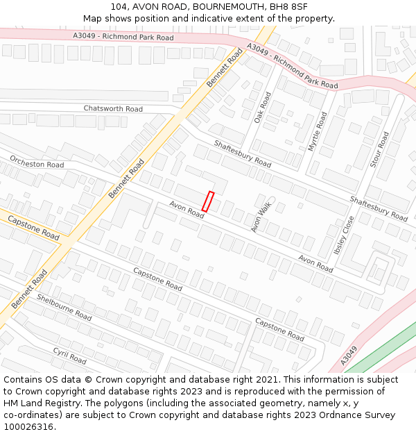 104, AVON ROAD, BOURNEMOUTH, BH8 8SF: Location map and indicative extent of plot