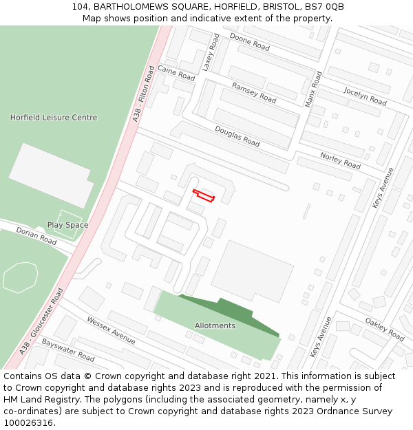 104, BARTHOLOMEWS SQUARE, HORFIELD, BRISTOL, BS7 0QB: Location map and indicative extent of plot