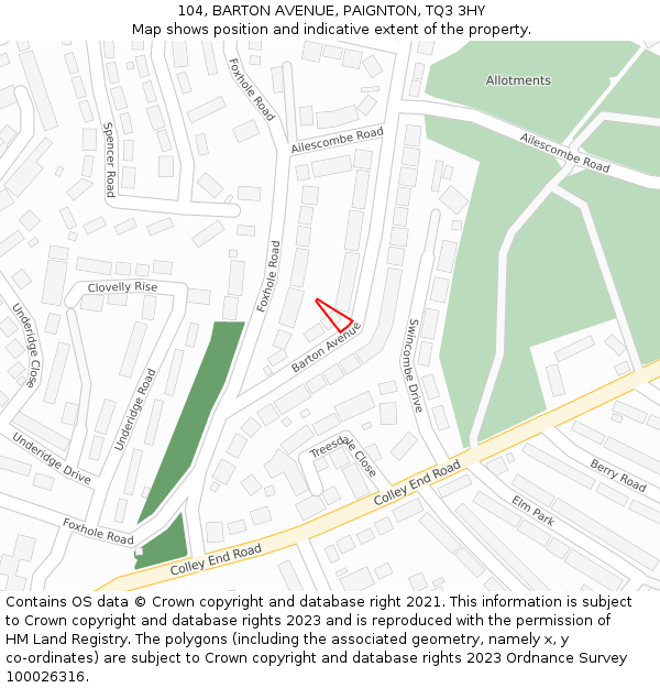 104, BARTON AVENUE, PAIGNTON, TQ3 3HY: Location map and indicative extent of plot