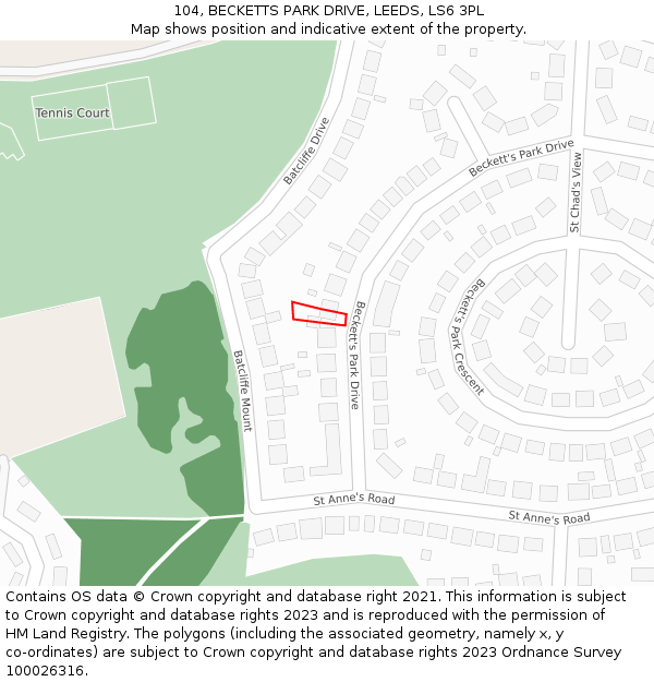 104, BECKETTS PARK DRIVE, LEEDS, LS6 3PL: Location map and indicative extent of plot
