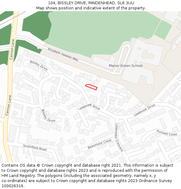 104, BISSLEY DRIVE, MAIDENHEAD, SL6 3UU: Location map and indicative extent of plot
