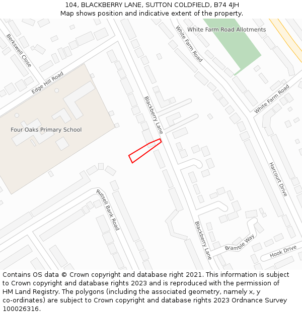 104, BLACKBERRY LANE, SUTTON COLDFIELD, B74 4JH: Location map and indicative extent of plot