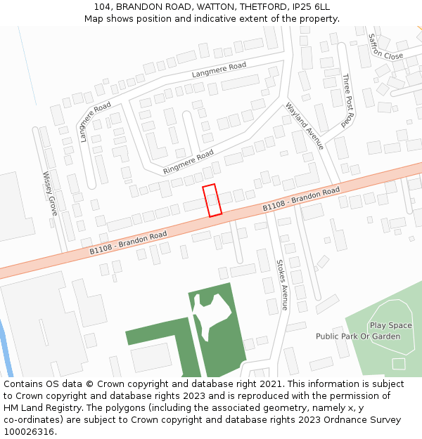 104, BRANDON ROAD, WATTON, THETFORD, IP25 6LL: Location map and indicative extent of plot