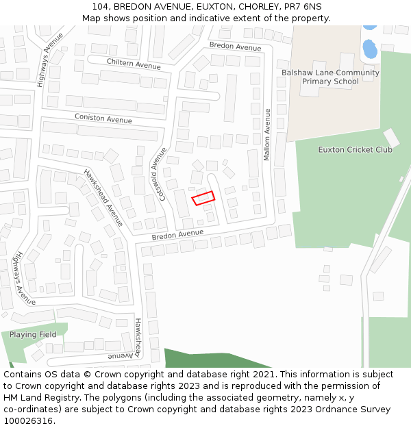 104, BREDON AVENUE, EUXTON, CHORLEY, PR7 6NS: Location map and indicative extent of plot
