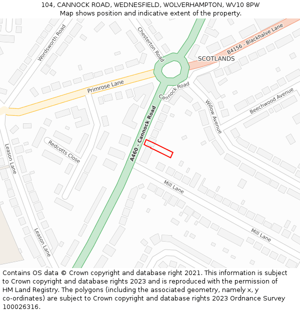 104, CANNOCK ROAD, WEDNESFIELD, WOLVERHAMPTON, WV10 8PW: Location map and indicative extent of plot
