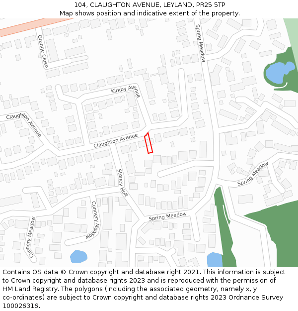 104, CLAUGHTON AVENUE, LEYLAND, PR25 5TP: Location map and indicative extent of plot