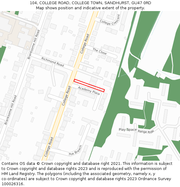 104, COLLEGE ROAD, COLLEGE TOWN, SANDHURST, GU47 0RD: Location map and indicative extent of plot